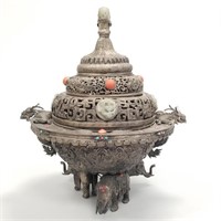 Sin-Mongolian silvered copper censer with carved