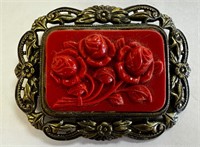 2” Antique Square Pin With Celluloid Floral Set