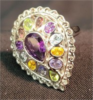 Rhodium Plated Sterling Silver Multi - Gem Ring