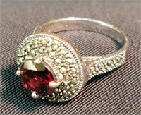 Sterling Silver Mozambique Garnet & Marcasite Ring