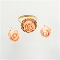 18K gold and carved coral flower ring and matching