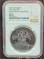 2021 Niue $2 1oz Silver Donald & Daisy Duck MS69