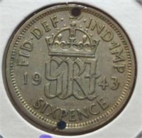 Silver 1943 sixpence coin