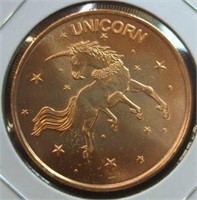 One oz fine copper coin unicorn