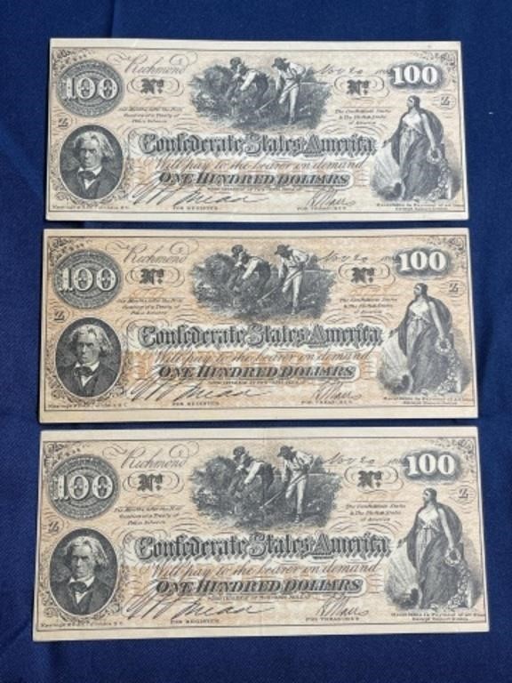Facsimile confederate paper money $100 lot of 3