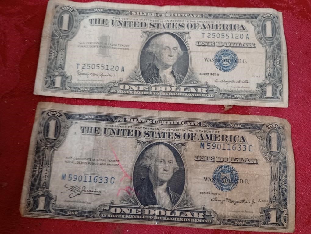 2 one dollar silver certificates 1935 and 57