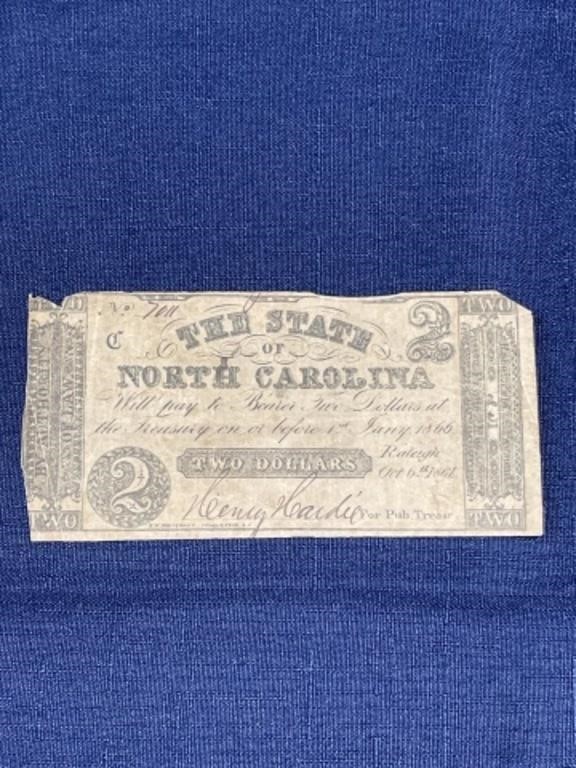 1866 state of North Carolina two dollar bill