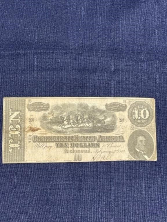 1864 Civil War confederate states $10 bill