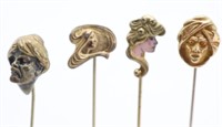 (4) Antique Figural Hat Stick Pins incl 10k