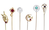 (6) 10k Gold & Gemstone Vintage Hat Stick Pins