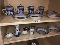 Blue & White Oriental Decor on 2 Shelves