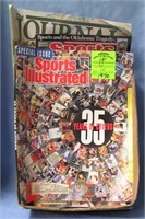 Box of vintage sports collectibles