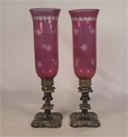Pair of vintage cranberry glass hurricane shades
