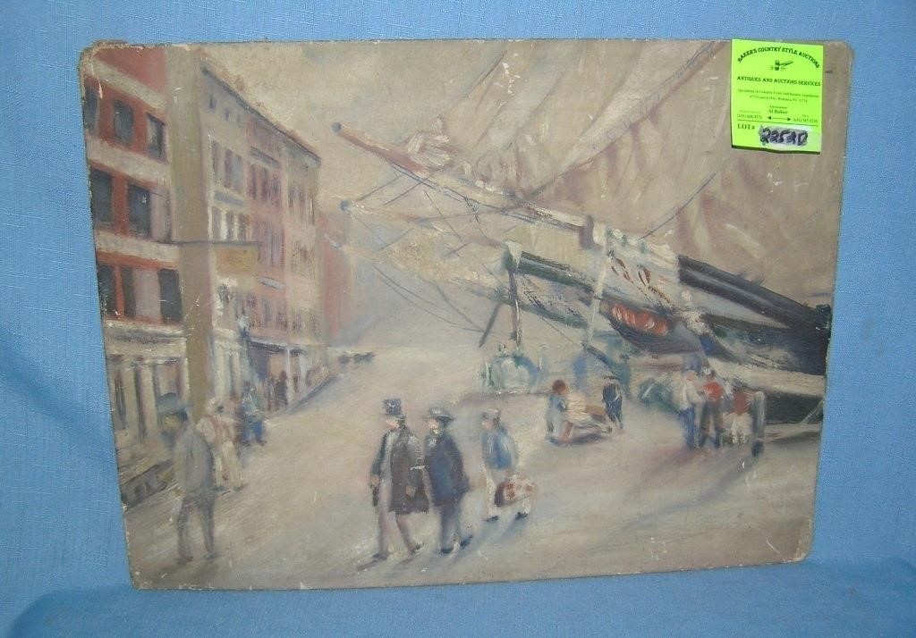 Antique nautical town scene oil on canvas painting