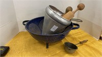 Vintage kitchen items- blue collandar, cone