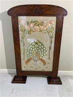 Victorian Silk Embroidered Peacock Oak Firescreen