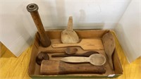 Primitive wooden items - thread spool, mashers &