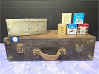 Vintage wooden box, Int. Harvester metal box &