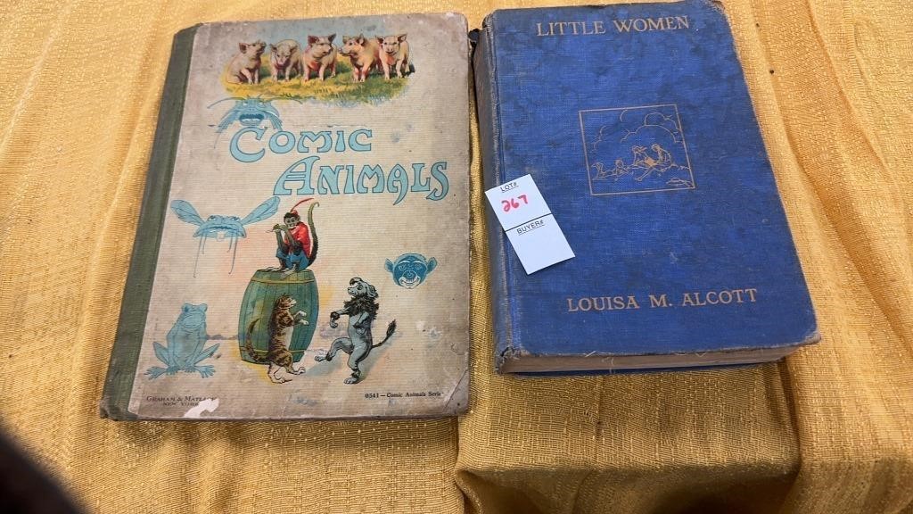 Two old books, little woman, and comic animals