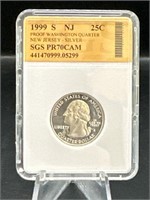 Graded 1990-S silver quarter New Jersey PR 70 cam
