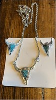 Necklace with matching earrings, longhorn blue
