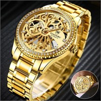 Mens Gold Tone Skeleton Automatic Mechanical Watch