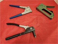 Vintage Olive Green Stapler Gun and 2 Rivet Tools