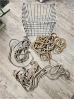 Lot of 3 Vintage Pulleys and Rope (With Basket)