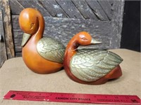 Pair wooden and brass ducks