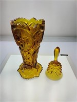 Beautiful Amber Heavy Vase & Glass Bell
