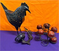 Metal Chicken, Candle Holder, Carved Wood Apples+