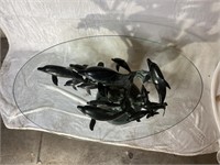 Bronze glass and marble dolphin table.