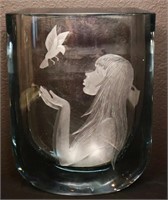 Strombergshyttan signed glass girl w/ bird vase