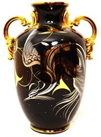Vintage black 2 handle vase w/ birds