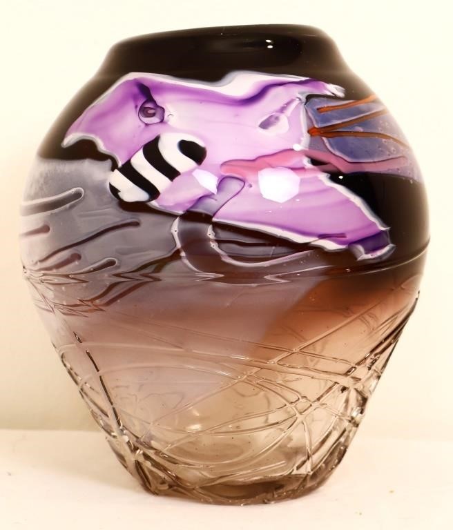 Signed art glass purple/smoky/clear vase