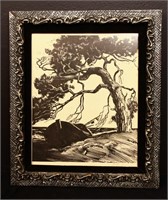 Vintage signed Oto Mednis tree & boat art