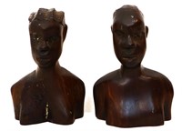 Pair vintage carved wood man/woman busts
