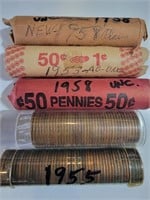 5 Rolls of 1950s Lincoln Wheat Cents