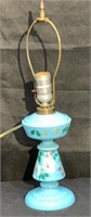 Antique Enamel Decorated Blue Milk Glass Oil Lamp