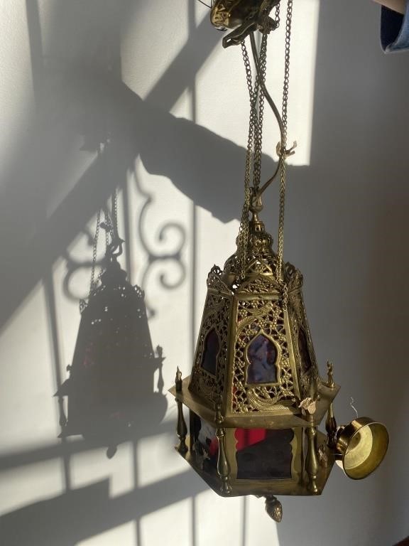 Antique,  oriental, brass and red glass lantern,