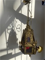 Antique,  oriental, brass and red glass lantern,