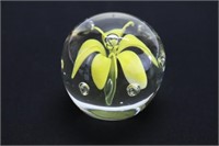 Art Glass Yellow Floral Paperweight - 2.5"