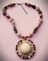 VINTAGE BOHEMIAN CARVED BEADED STONES NECKLACE
