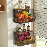 Hanging Fruit Basket Wire Baskets with Wood Lid,