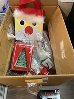 Box of Christmas ornaments and more