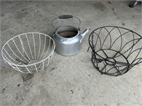 2 Hanging Wire Baskets & Aluminum Teapot Planter