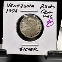 1954 VENEZUELAN 25 CENTAVOS SILVER UNC