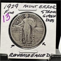 1929 STANDING LIBERTY SILVER QUARTER CLASHED DIES