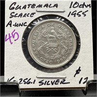 1955 10 CENTAVOS GUATEMALA SILVER SCARCE H GRADE