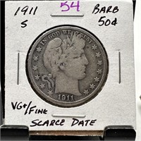 1911-S BARBER SILVER HALF DOLLAR SCARCE DATE